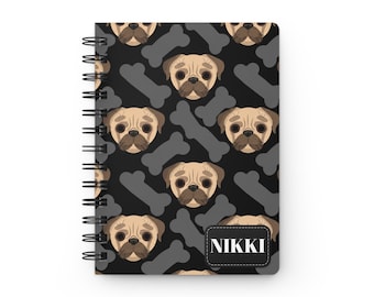 Personalized Pug Spiral Bound Journal, Cute Pug Faces & Bones Notebook, Custom Name Journal, Dog Lover Gift, Pug Mom Gift