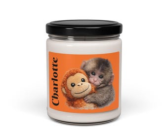 Viral Cute Baby Monkey Punch Hugging Stuffed Candle | Personalized Name 9oz Soy Jar