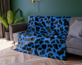 Blue Leopard Print Crushed Velvet Blanket | Animal Print Throw