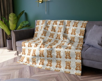Brown Teddy Bear Pattern Crushed Velvet Blanket | Plush Bear Print Throw