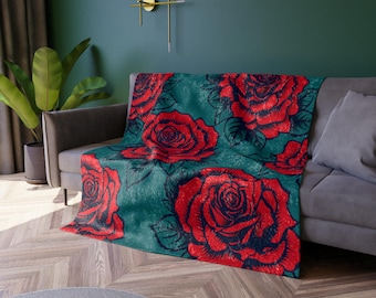 Red Rose Pattern Crushed Velvet Blanket | Floral Throw, Teal Background