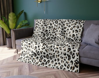 Neutral Leopard Print Crushed Velvet Blanket | Animal Print Throw, Cozy Home Decor