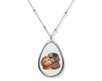 Baby Monkey Hugging Plush Oval Pendant Necklace – Zinc Alloy Chain