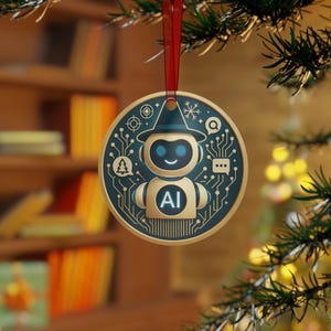 May include: A round Christmas ornament featuring a robot design with the letters "AI" on its chest. The ornament has a teal background with gold accents and a red ribbon for hanging. The robot is wearing a hat and has a circuit board design.