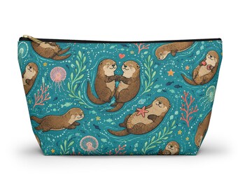 Sea Otter Pattern Accessory Pouch, T-Bottom Makeup Bag, Cute Aquatic Otter Cosmetic Bag, Ocean Animal Travel Pouch, Gift for Her