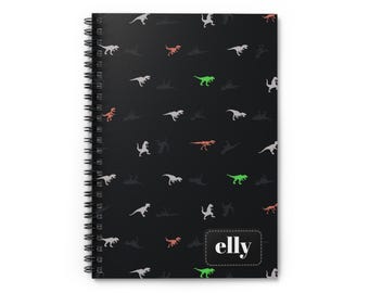 Personalized Dinosaur Pattern Spiral Notebook | Black Ruled Journal with Custom Name Patch