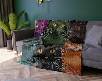 Colorful Cat Faces Crushed Velvet Blanket | Retro Pop Art Feline Throw