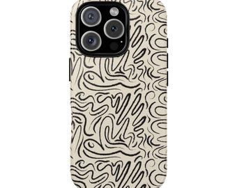 May include: A phone case with a cream-colored background and a repeating pattern of black, abstract, squiggly lines. The case has a camera cutout with three lenses and a flash.