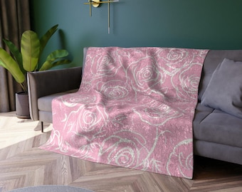Pink Rose Pattern Crushed Velvet Blanket | Floral Throw, Shimmer Texture