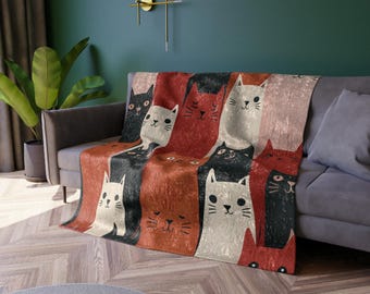 Retro Cat Pattern Crushed Velvet Blanket | Cozy Vintage Kitty Print