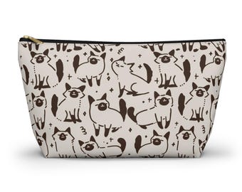 Nécessaire com estampa de gato siamês desenhado à mão, bolsa de maquiagem fofa com zíper, presente para amantes de gatos e organizador de viagem.