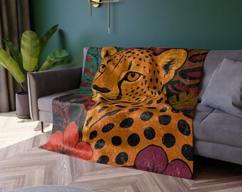 Spotted Cheetah Jungle Illustration Crushed Velvet Blanket | Tropical Floral Throw