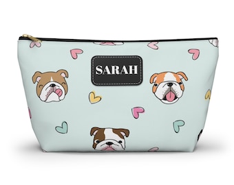 Personalized Bulldog Accessory Pouch, Custom Name Cosmetic Bag, Cute Bulldog Pattern Makeup Bag, Dog Lover Gift, Travel Zipper Pouch