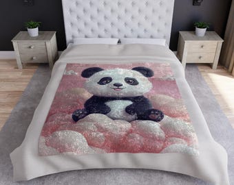 Cute Baby Panda Crushed Velvet Blanket | Pink Cloud Nursery Throw
