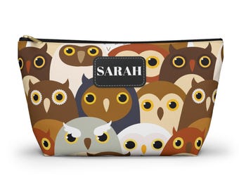 Woodland Owl Pattern Accessory Pouch | Personalized T Bottom Toiletry Bag