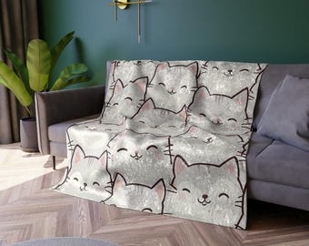 Smiling Cat Pattern Crushed Velvet Blanket | Cute Kitten Faces, Cozy Throw