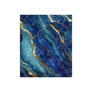 May include: Abstract art print featuring a marbled design in shades of blue and teal, with gold veining throughout. The artwork has a textured appearance, creating a sense of depth and movement. The overall aesthetic is luxurious and elegant.
