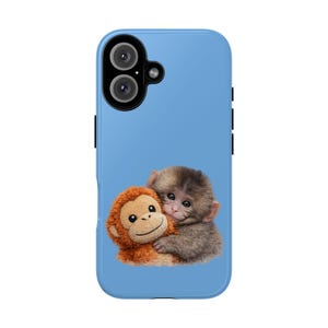 May include: A light blue phone case featuring a graphic of two monkeys hugging. One monkey is brown and plush, the other is a real monkey with brown fur. The case has a glossy finish and a camera cutout.