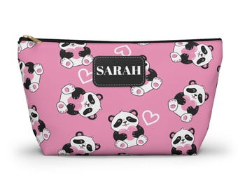 Pink Heart Panda Accessory Pouch | Personalized Name T-Bottom Makeup-Cosmetic Bag