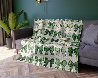 Green Bow Pattern Crushed Velvet Blanket | St. Patrick's Plaid Ribbon Throw