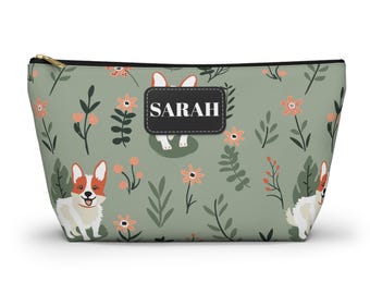 Corgi Floral Pattern Accessory Pouch | T-Bottom Makeup Bag