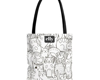 Personalized Cat Doodle Tote Bag | Hand-Drawn Kitty Illustration