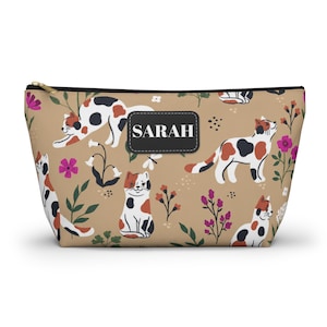 Accessoirezakje Calico Cats met bloemenpatroon | Make-uptasje met T-bodem, gepersonaliseerde optie