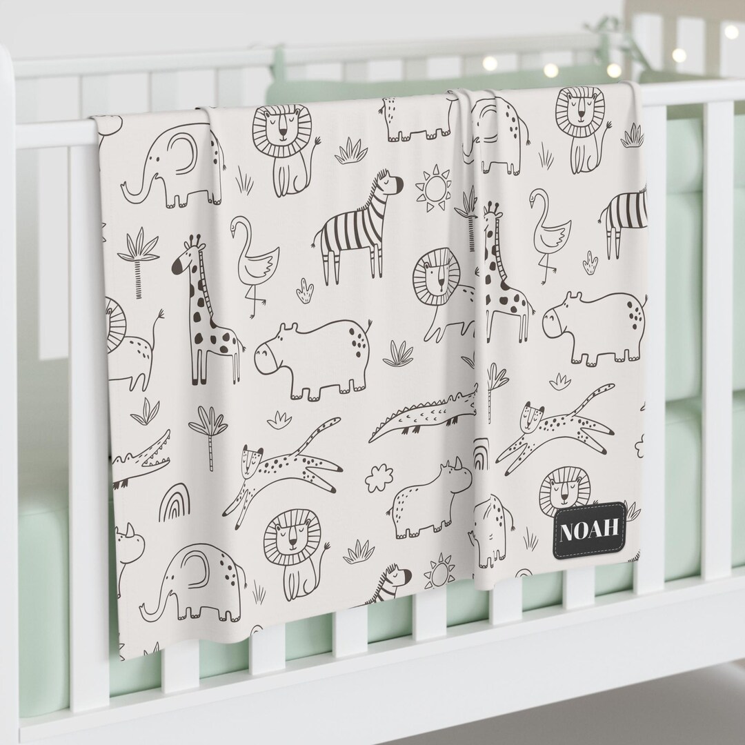 Personalized Name Neutral Safari Animals Baby Swaddle Blanket | Lion ...