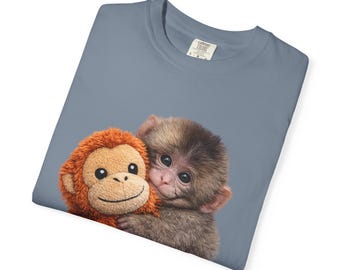 Baby Monkey Hugging Plush T-Shirt | Garment-Dyed Cotton Animal Graphic Tee