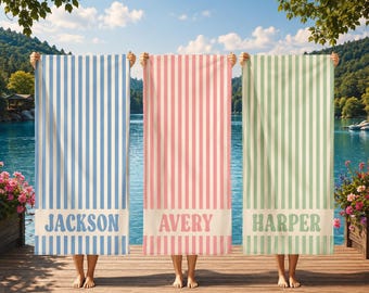 Personalized Beach Towel, Custom Name Striped Towel, Pool Towel, Groovy Beach Gift, Bachelorette Gift, Bridesmaid Gift