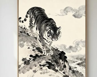 Traditional Chinese Ink Tiger Wall Art on Rocky Cliff for Japandi Home