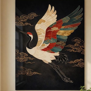 May include: A large framed artwork featuring a crane in flight against a black background with gold-colored clouds. The crane has white, red, and gold wings. The artwork is displayed above a wooden vanity with a white sink and toiletries.