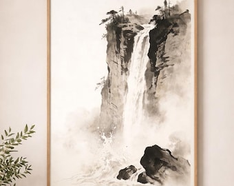 Silent Descent – Minimalist Ink Waterfall Wall Art, Zen Landscape Print, Neutral Modern Home Decor