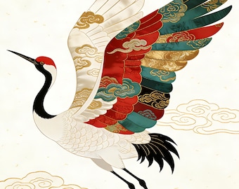 Crane Wall Art Japandi Quiet Luxury Decor Gold Asian Bird Bedroom Poster