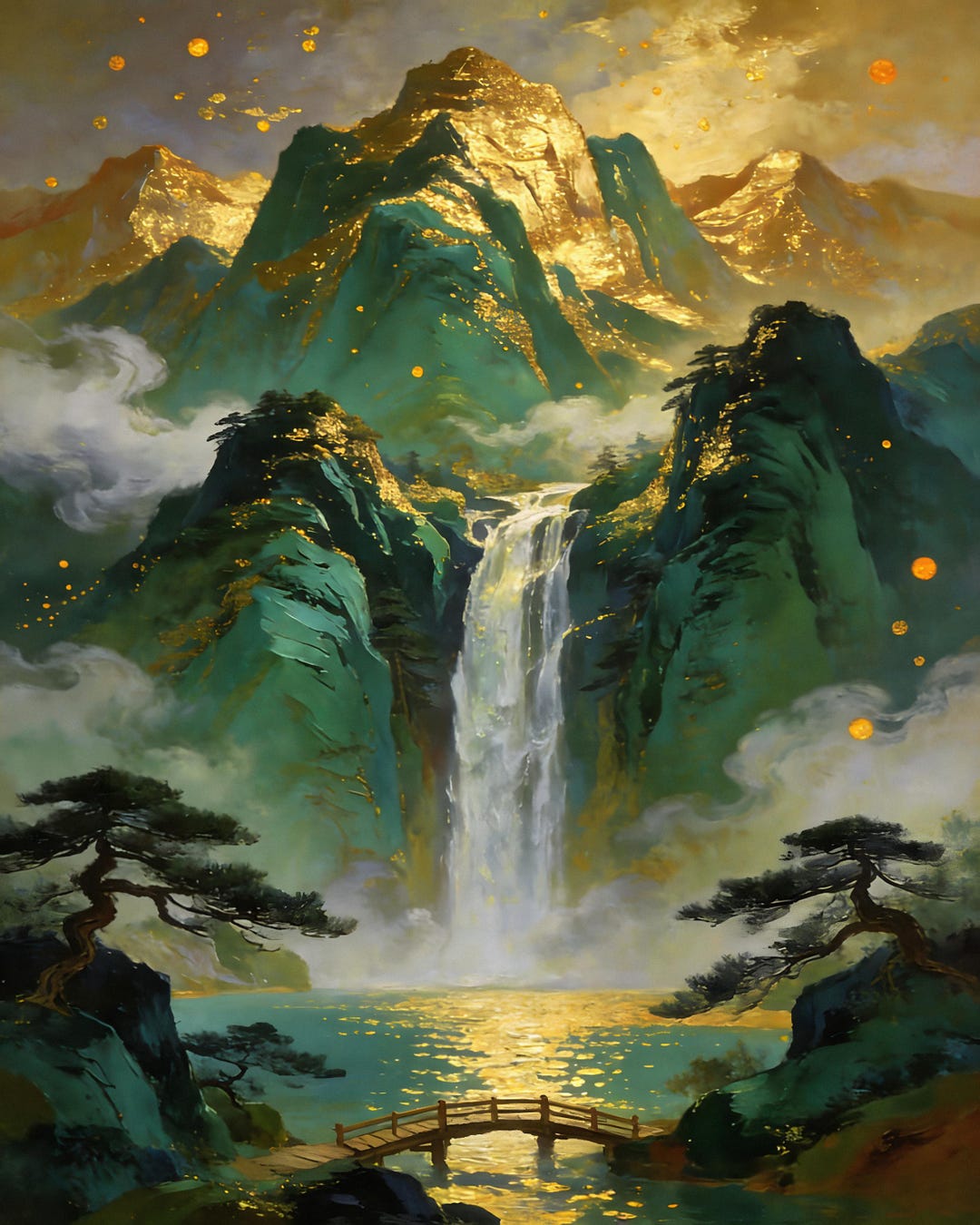 Chinese Painting Waterfall Wall Art, Emerald Gold Landscape Print, Zen ...