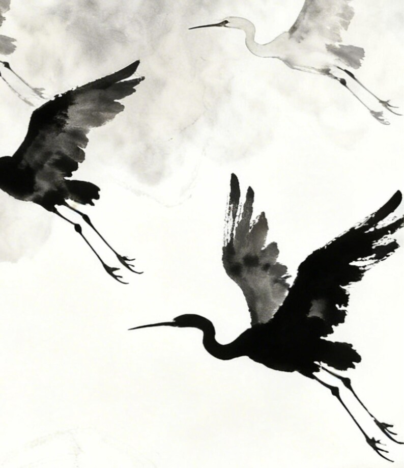 Ink Wash Flying Cranes Digital Print Sumi-e Wall Art - Etsy