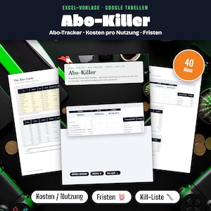 May include: A digital subscription tracker template for Excel and Google Sheets titled Abo-Killer. The document features tables for tracking costs per use, subscription lists, and cancellation deadlines, with an orange badge indicating 40 subscriptions.