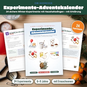 Utskrivbara experiment med adventskalender för barn – 24 säkra vinterexperiment med hushållsartiklar och förklaringar, 6–11 år (PDF)