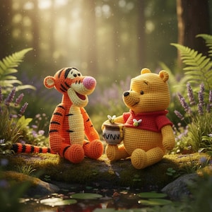 May include: Crocheted Winnie the Pooh and Tigger dolls sitting together in a forest setting. Winnie the Pooh is yellow and wearing a red shirt, holding a honey pot. Tigger is orange with black stripes and a pink nose.