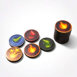 May include: A collection of round game tokens with various designs. The tokens feature images of a flame, a water droplet, a leaf, a checkmark, and stars. A stack of tokens with a flame design is also present.