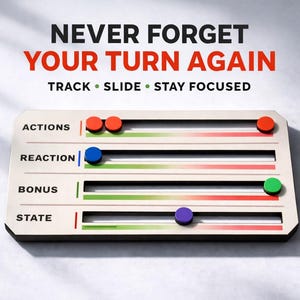May include: A wooden game board with the text "NEVER FORGET YOUR TURN AGAIN." The board has four horizontal tracks labeled "ACTIONS," "REACTION," "BONUS," and "STATE." Each track has a colored slider. The background is white.
