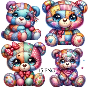 Könnte beinhalten: Vier bunte Patchwork-Teddybären mit großen, ausdrucksstarken Augen und Schleifen. Jeder Bär ist eine einzigartige Kombination aus Stoffen in Blau-, Rosa-, Orange- und Grüntönen. Der Text "15 PNG" ist sichtbar.