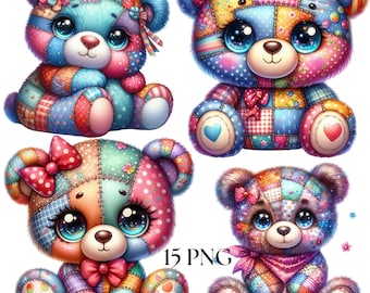 Patchwork Teddy Bear Clipart, 15 PNG Cute Colorful Plush Bear, Quilted Stuffed Animal Clipart for Scrapbooking, Sublimation, Crafts, Decor
