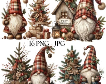 Clipart de nain à carreaux hiver Noël rustique, 16 PNG-JPG ferme vacances nain Bundle, sublimation de nain de la campagne des bois, usage Commercial