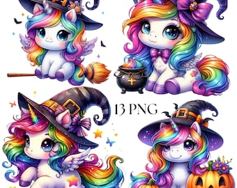 かわいいハロウィン魔女ユニコーン、13枚のPNG不気味なレインボーユニコーン、トリックオアトリートデコレーション、カラフルなユニコーン昇華、子供向けペーパーアートクラフトプリント