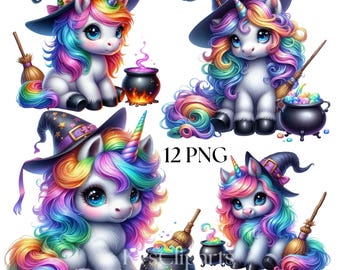 ハロウィンのユニコーン魔女クリップアート、12種類のPNGかわいい不気味なユニコーン、トリックオアトリートの壁アートデコレーション、ベビーユニコーンステッカー、デジタル魔女昇華