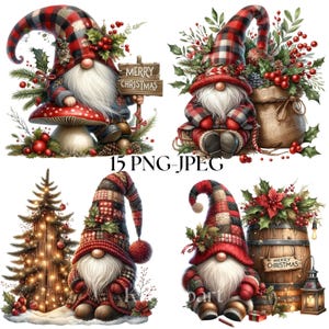 May include: A collection of four Christmas gnome illustrations. Each gnome wears a red and black plaid hat and outfit, with a long white beard. One gnome holds a "Merry Christmas" sign. Other elements include a mushroom, Christmas tree, and barrel.