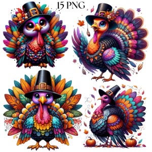 May include: A collection of four colorful turkey illustrations. Each turkey is adorned with a black pilgrim hat and vibrant plumage in shades of orange, blue, purple, and green. The image includes the text "15 PNG".