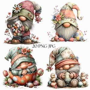 Puede incluir: Ilustraciones en acuarela de gnomos de Pascua. Cada gnomo lleva un sombrero colorido adornado con flores y sostiene huevos de Pascua o pollitos. Los gnomos están rodeados de flores y huevos, con el texto "20 PNG-JPG" en la parte inferior.