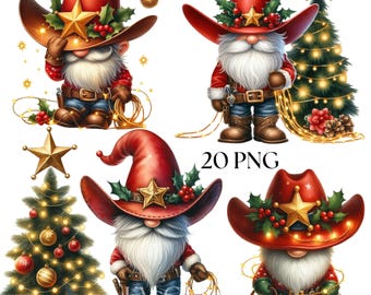 Clipart cow-boy Noël, 20 PNG nain de campagne hiver, cow-boy vacances western, nain de Noël pays rustique, art numérique aquarelle gnome